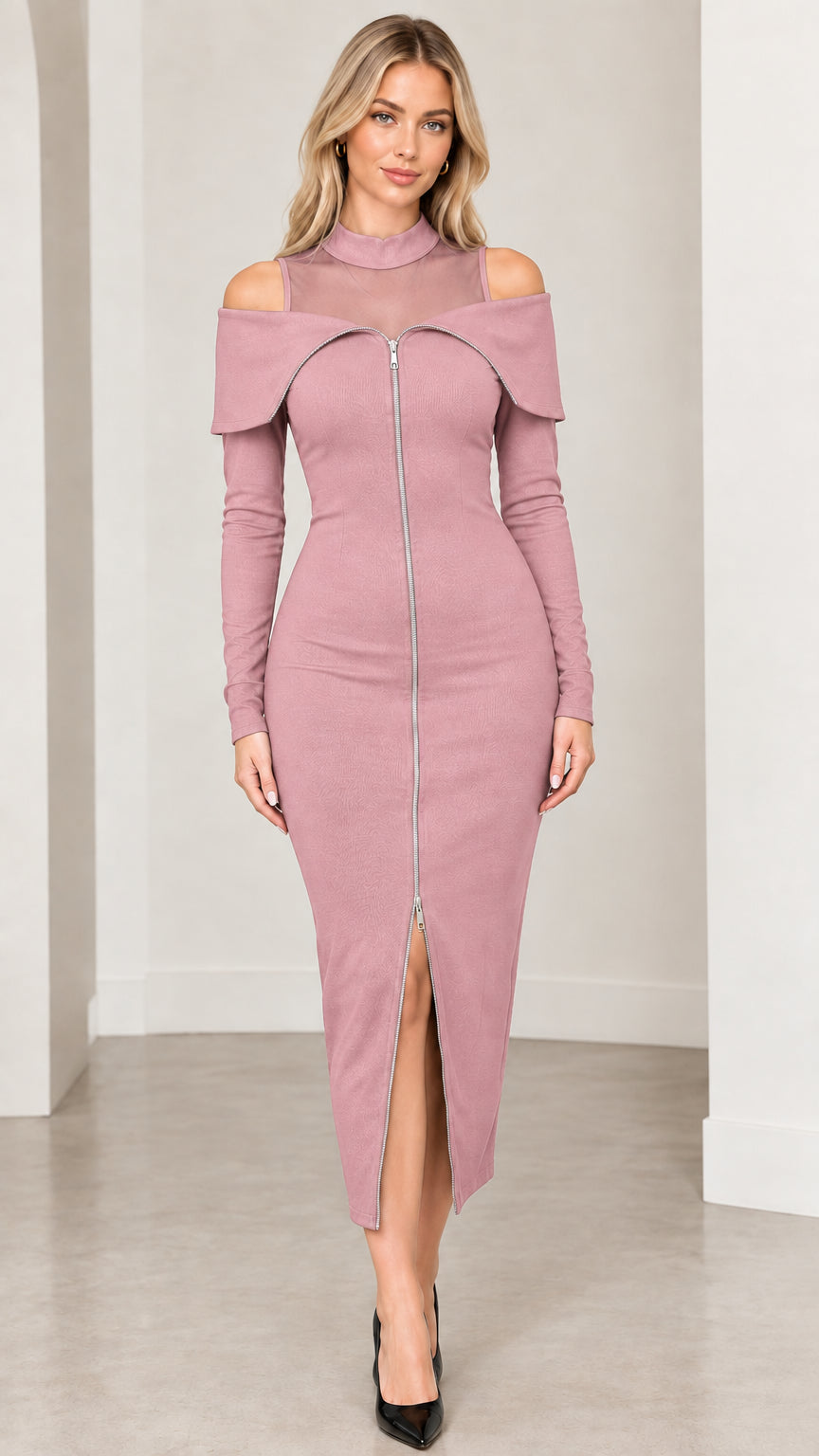 Front view of dusty pink mesh mock neck cold shoulder zip front midi dress