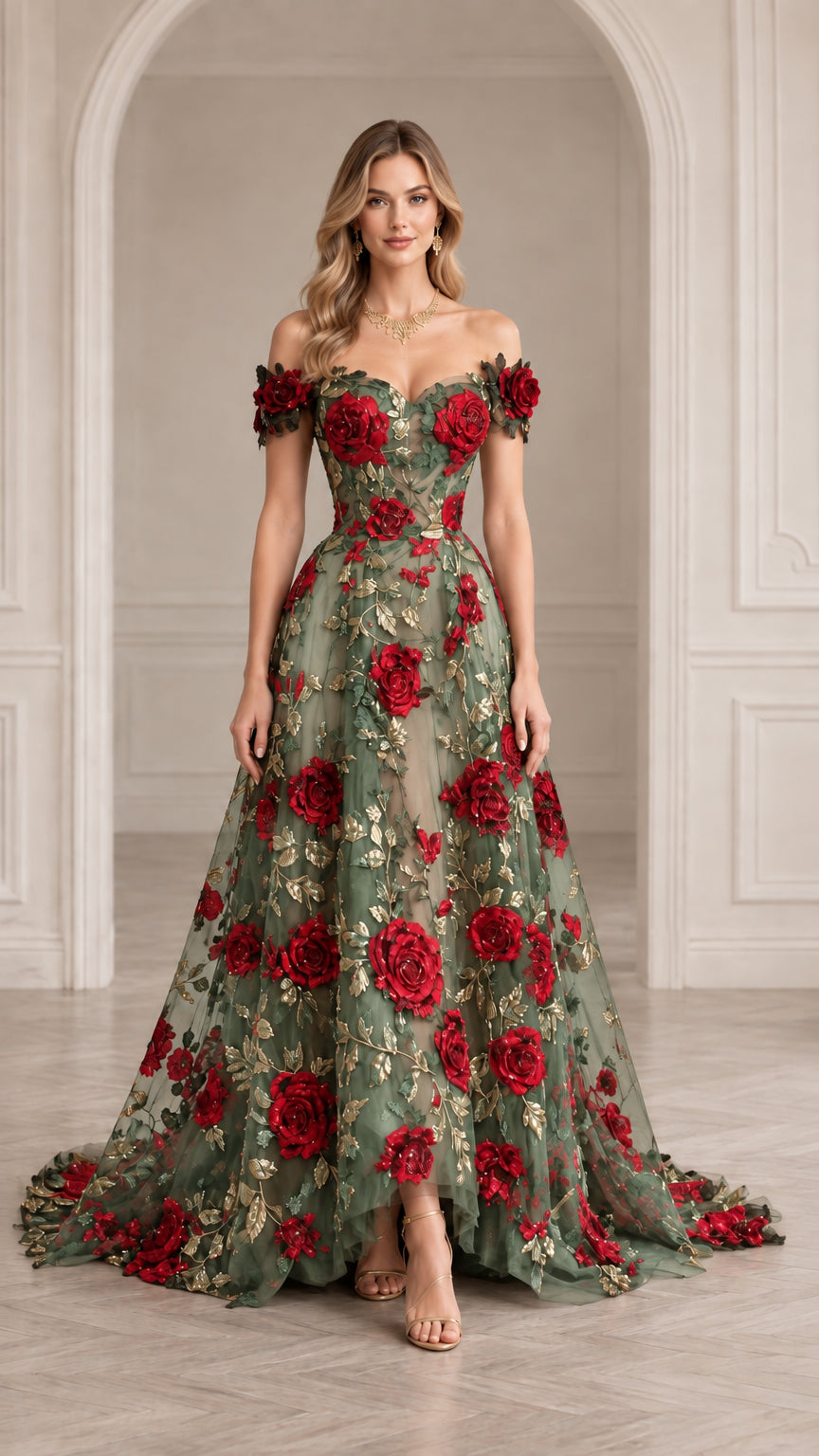 Sage green off-shoulder ball gown with red 3D floral embroidery