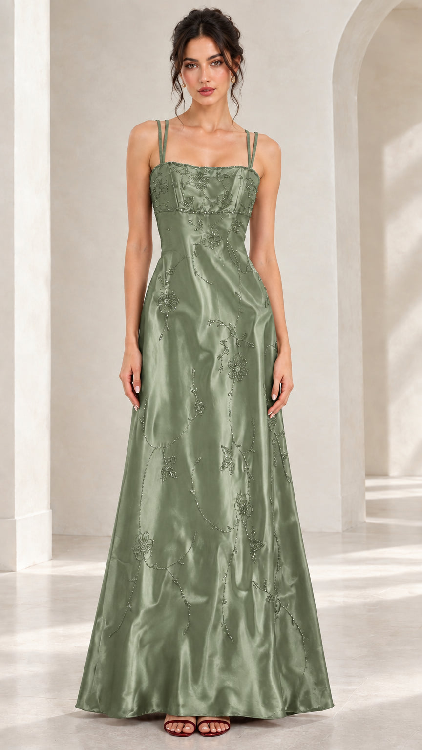 Front view of sage green double strap beaded satin formal maxi gown