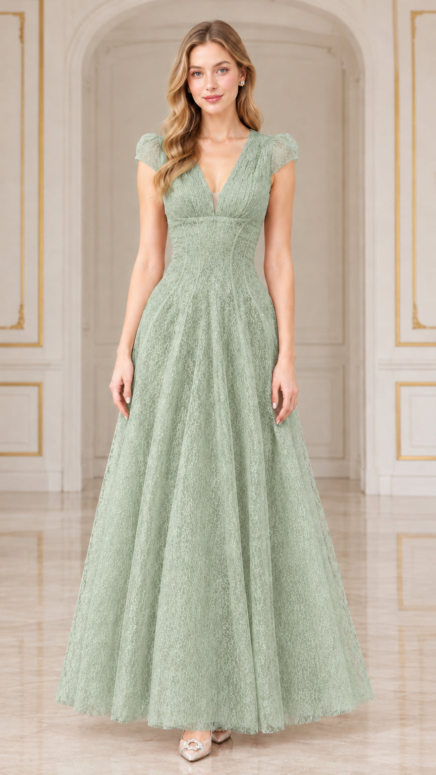 Front view of sage green lace V-neck floor-length evening dress