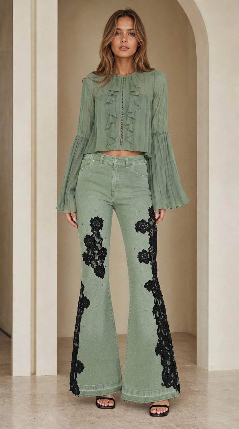 Sage green lace embellished flare jeans styled with matching ruffle top