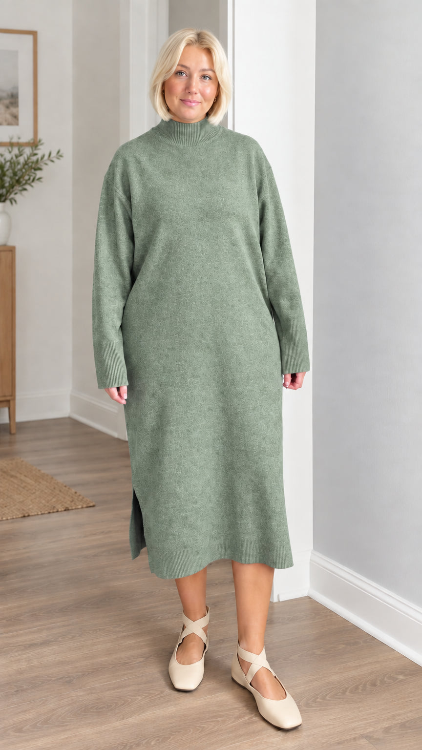 Front view of woman wearing sage green mock neck knit midi sweater dress
