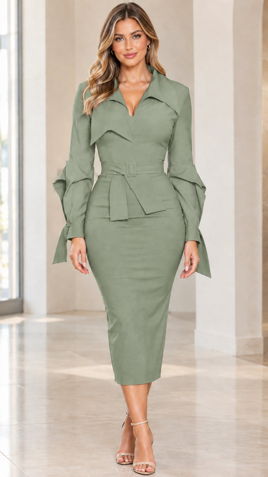 Front view of woman wearing sage green notched lapel belted midi sheath dress