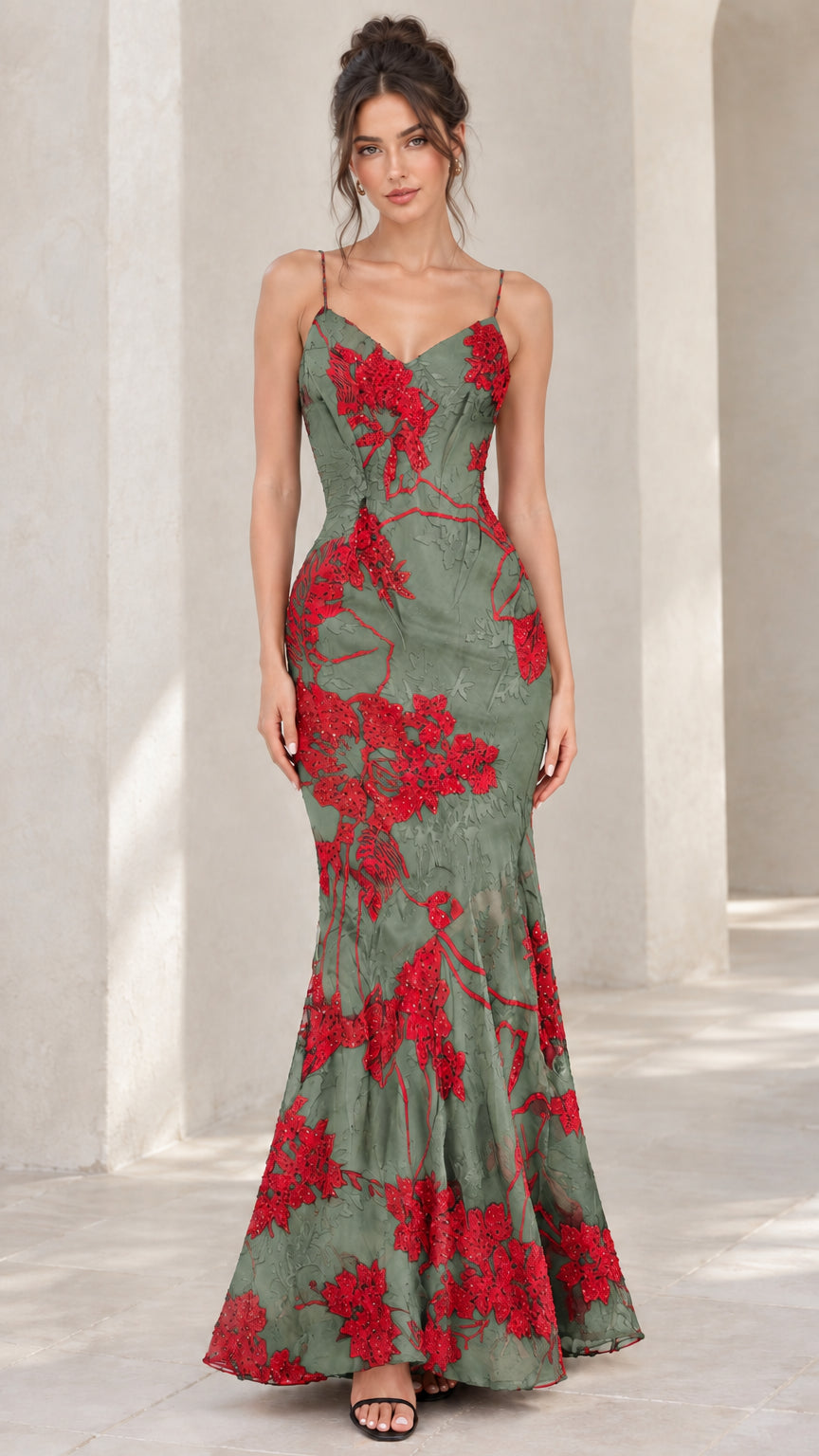 Front view of sage green mermaid evening gown with red floral embroidery