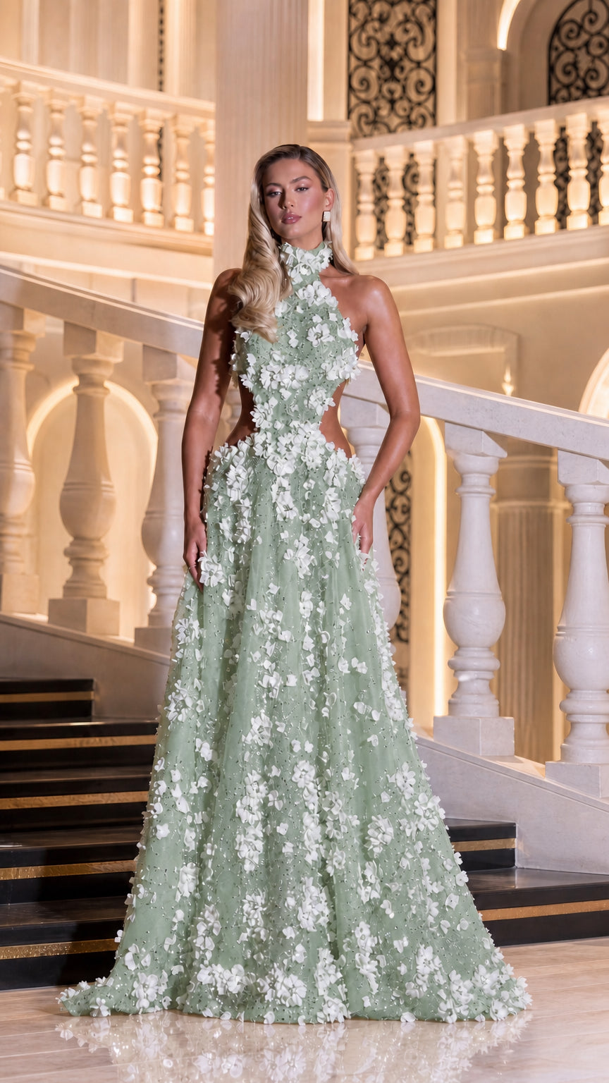 Full front view of sage green 3D floral cutout evening gown