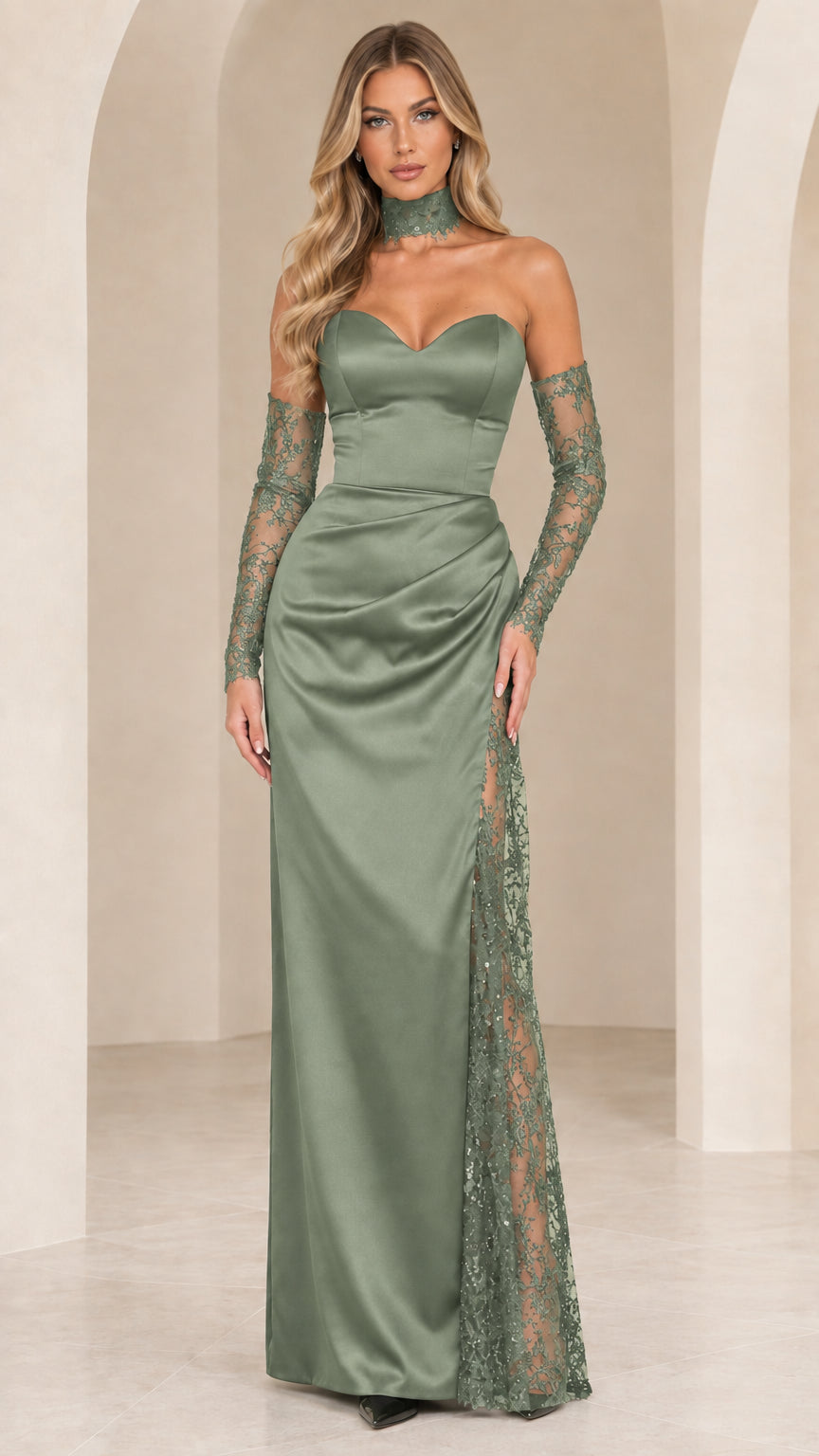 Sage green strapless satin evening gown with matching green lace slit and gloves