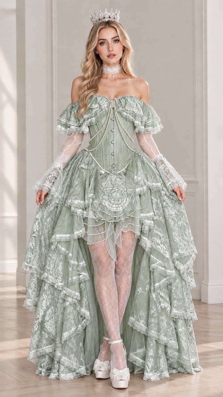 Front view of model wearing sage green off-shoulder ruffled lace corset gown
