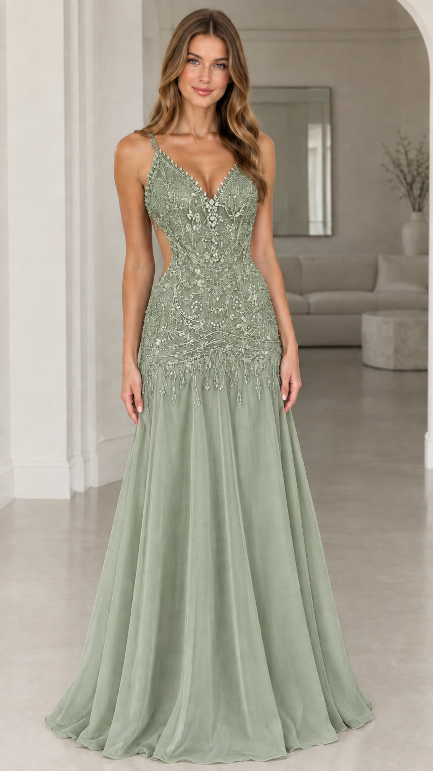 Front view of sage green beaded sleeveless maxi dress
