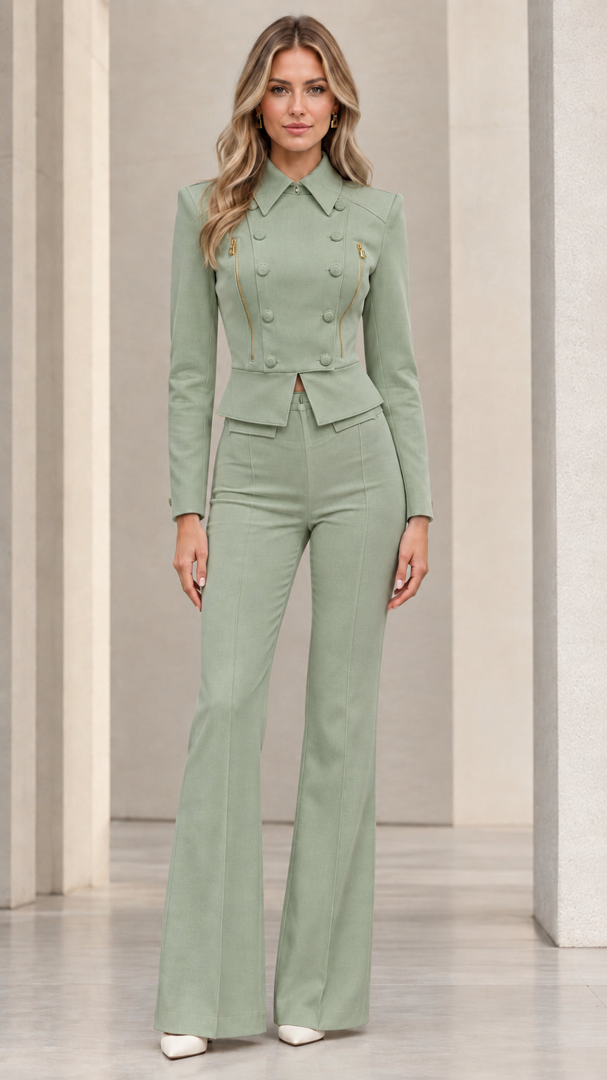 Model wearing sage green cropped blazer and flare pants 2-piece set