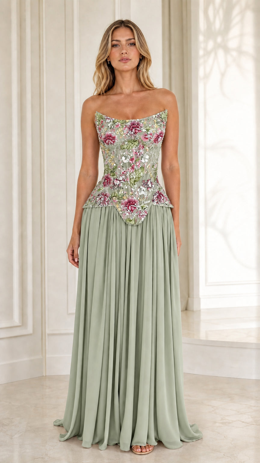 Sage green strapless formal dress with floral embroidered basque waist