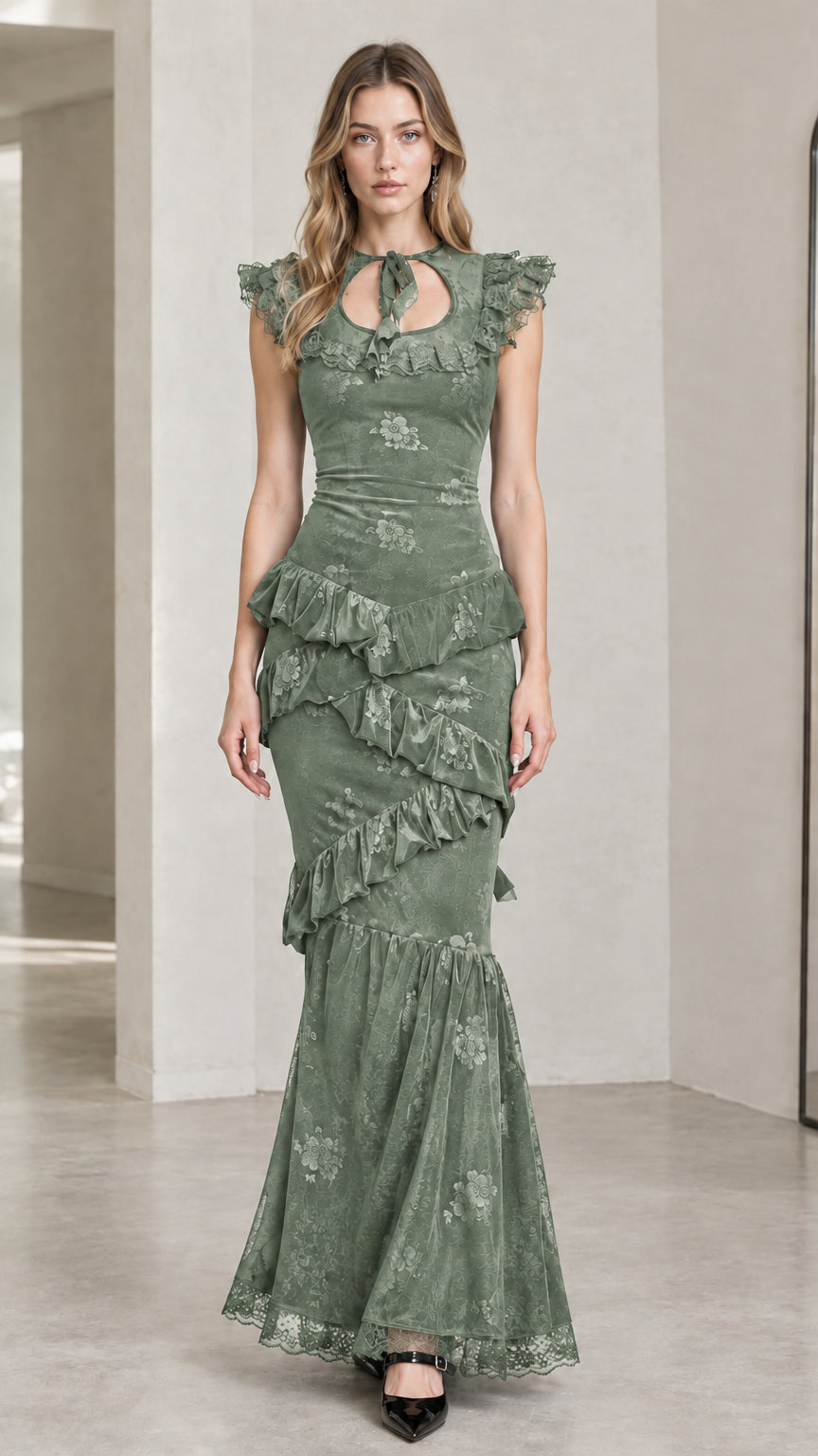 Front full-length view of model wearing sage green floral jacquard tiered mermaid maxi dress