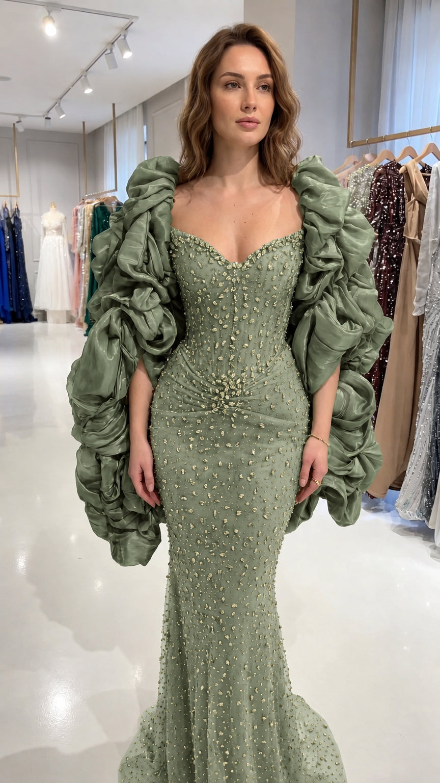 Sage green sweetheart embellished mermaid evening gown with dramatic gathered ruffle sleeves on model front view