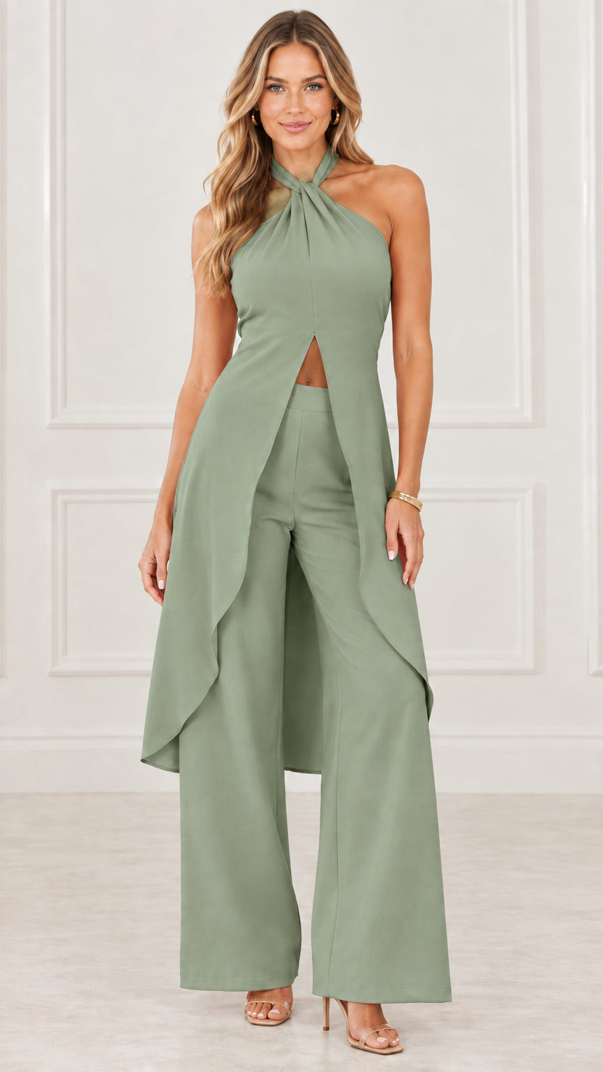 Model wearing sage green halter top and wide leg pant two piece set