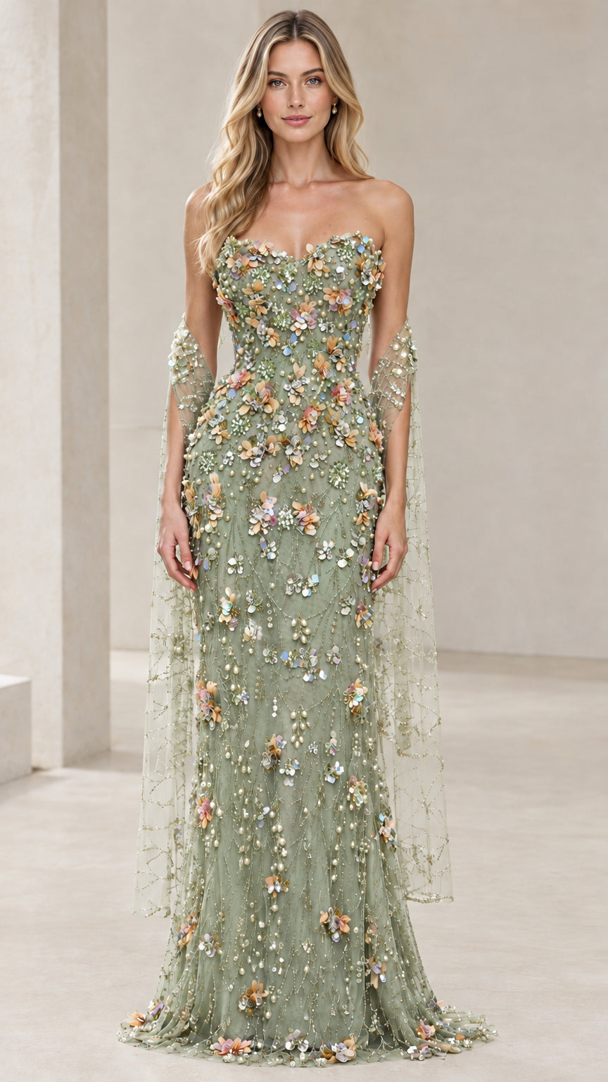Sage green 3D floral embroidered strapless evening gown with draped cape detail