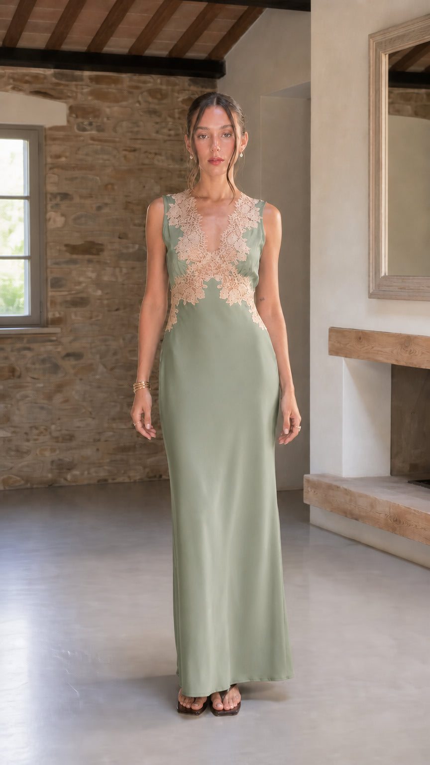 Full-length front view of sage green satin maxi dress with contrast lace detail