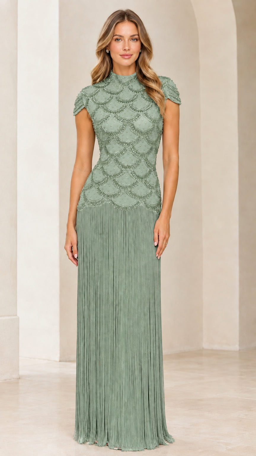 Full front view of sage green beaded cap sleeve maxi dress with fringe
