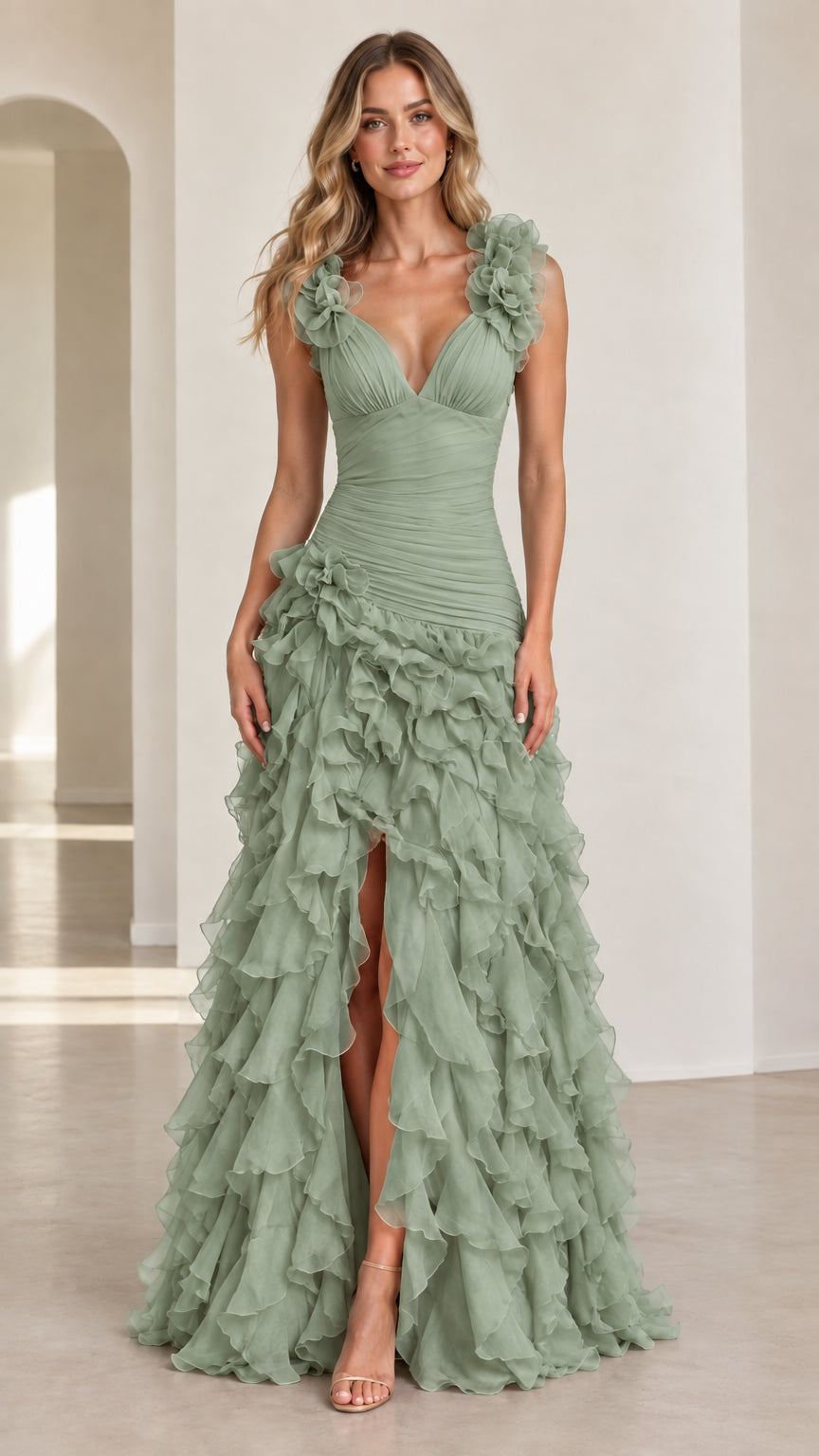 Front view of model wearing sage green tiered ruffle slit formal dress