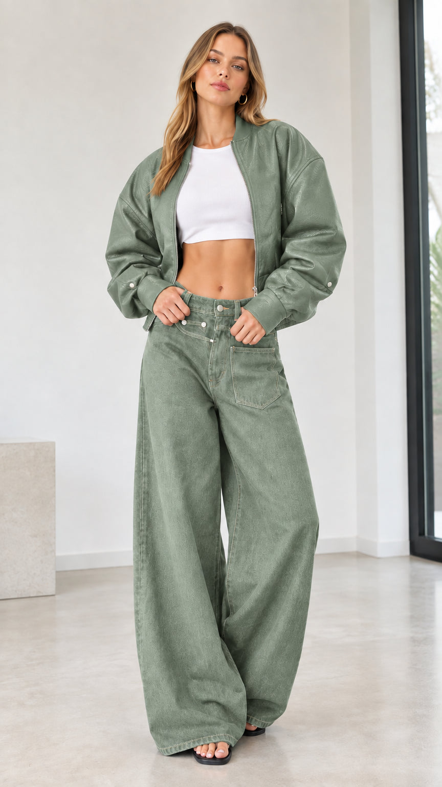 Full front view of model wearing monochrome sage green bomber jacket and wide leg denim pants set