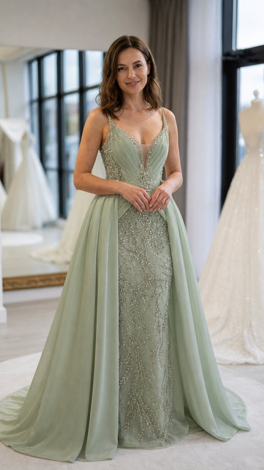 Sage green illusion plunge beaded evening gown with sweep overskirt