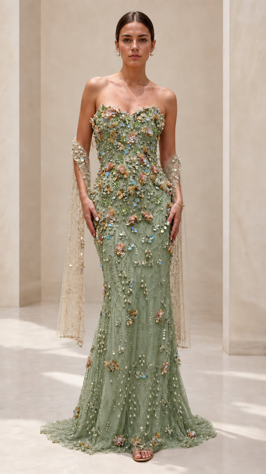 Sage green strapless 3D floral sequin formal mermaid gown