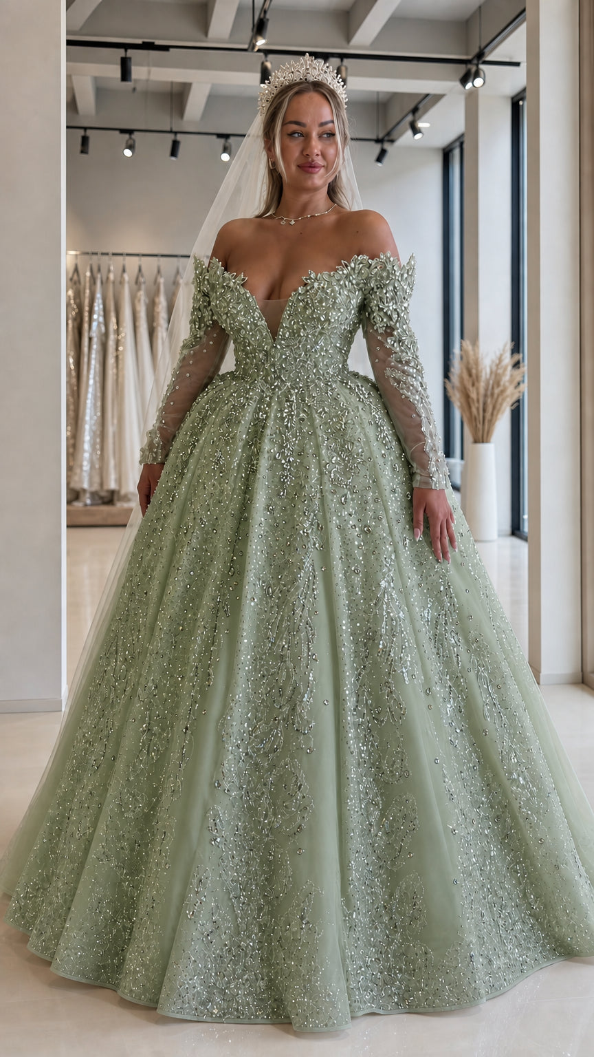 Front view of sage green off-the-shoulder beaded formal ball gown dress