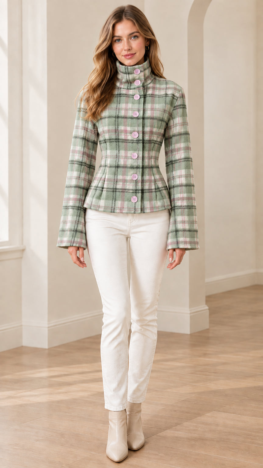 Front view of model wearing sage green plaid high-neck peplum jacket