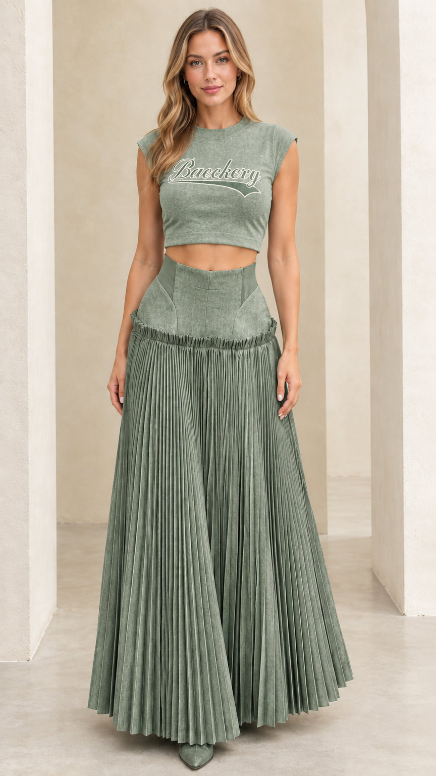 Full front view of sage green two-piece cropped tee and pleated maxi skirt set