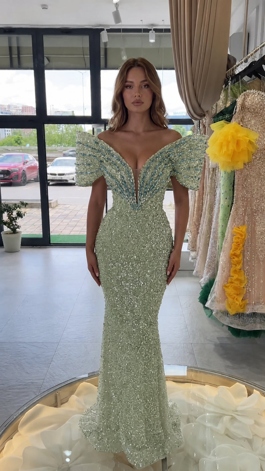 Sage green beaded sequin mermaid evening gown