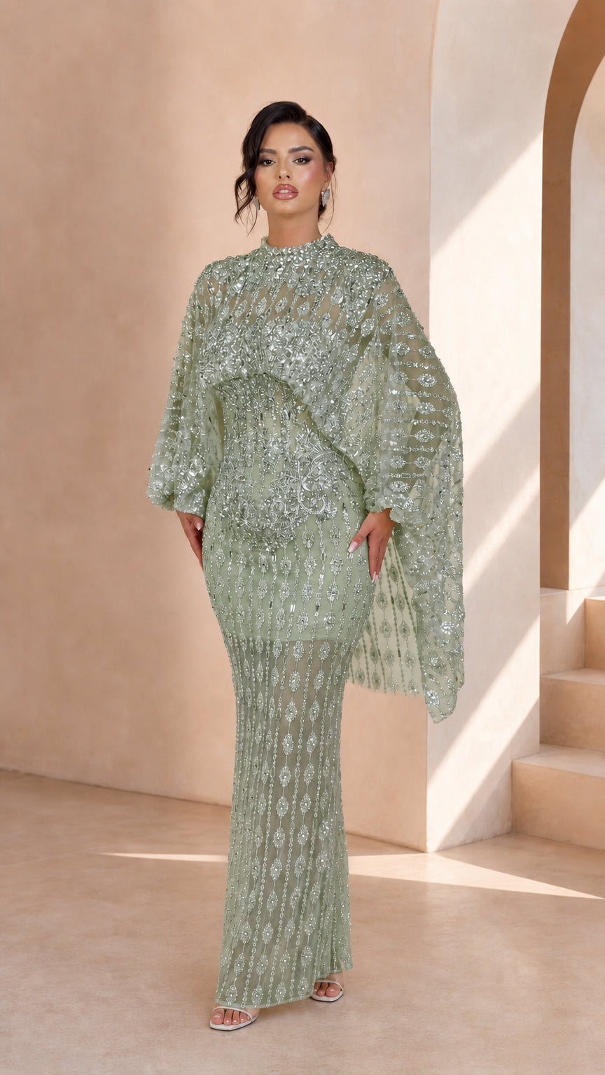 Sage Green Embellished Cape Sleeve High Neck Formal Evening Maxi Dress