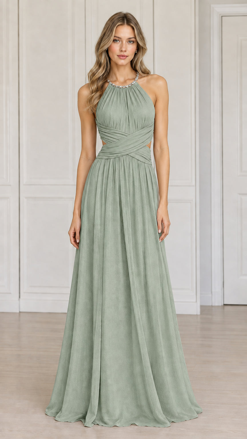 Front view of the embellished halter cutout maxi evening dress in sage green