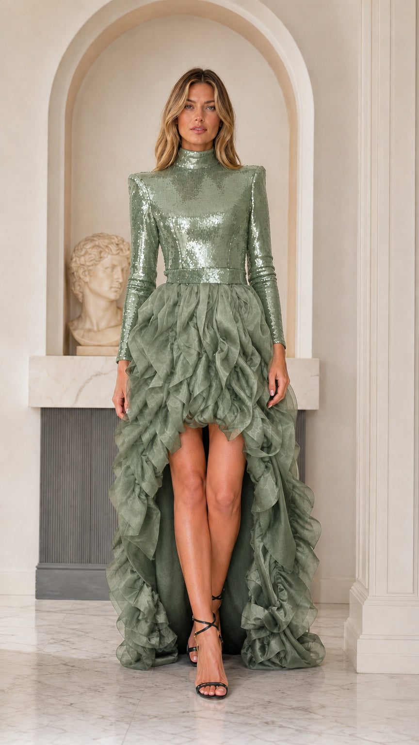 Front view of sage green sequin long sleeve high-low evening dress