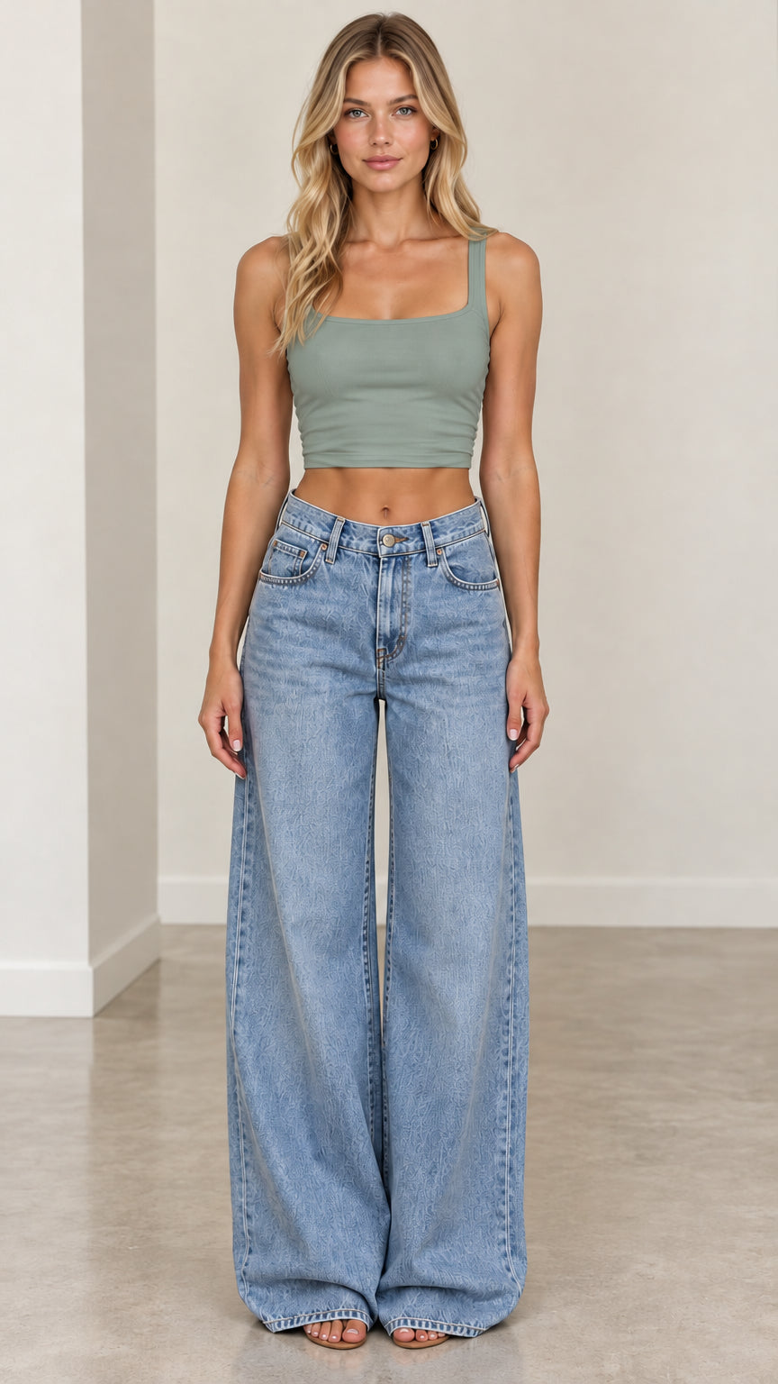 Full-body front view of woman wearing light blue wide-leg jeans styled with sage green crop top