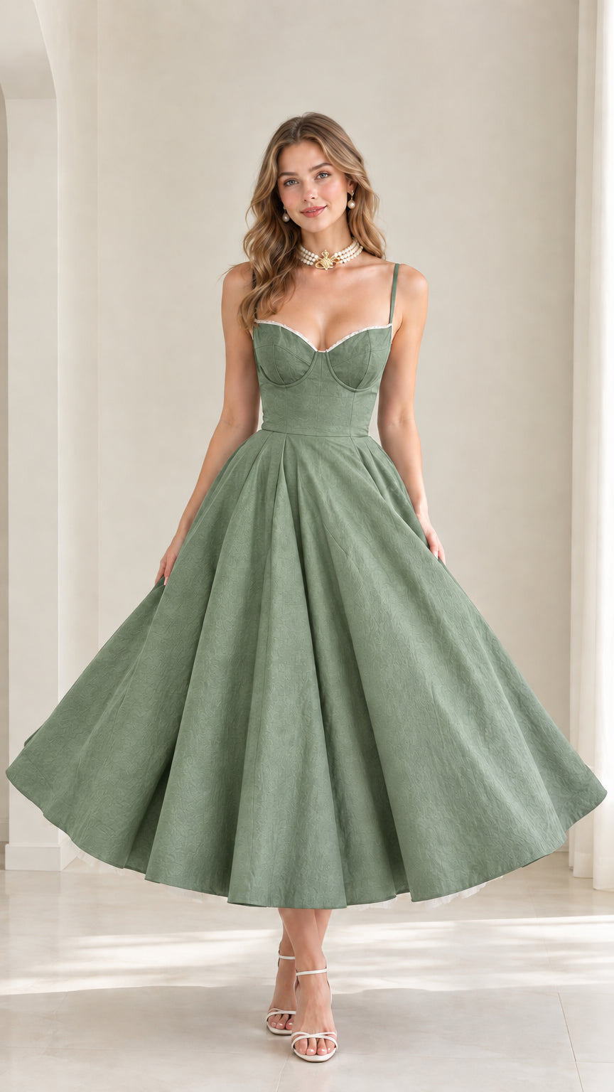 Model wearing sage green sweetheart corset top and full midi skirt set