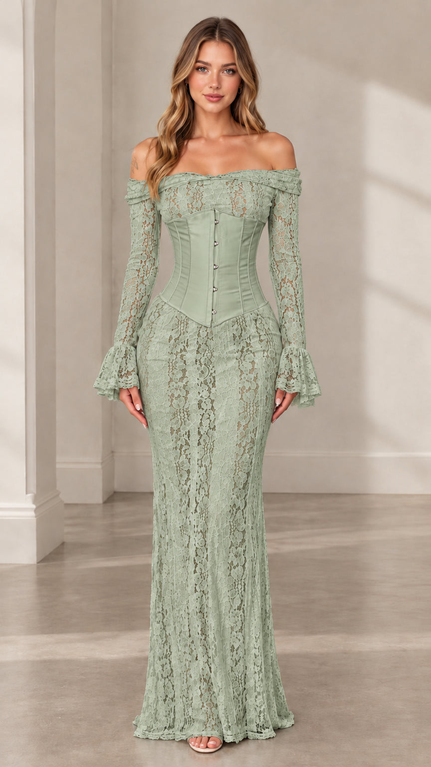 Woman wearing sage green off-the-shoulder floral lace corset maxi dress