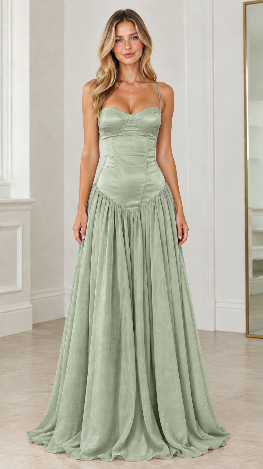 Front view of model wearing sage green corset sweetheart formal evening gown