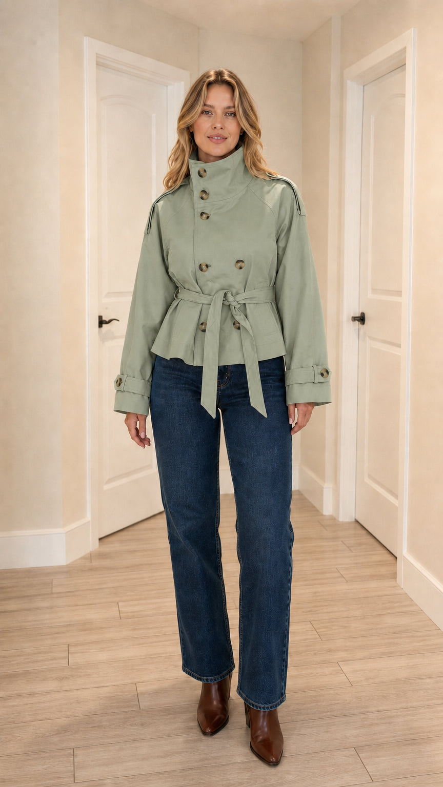 Sage green cropped belted short trench coat on model