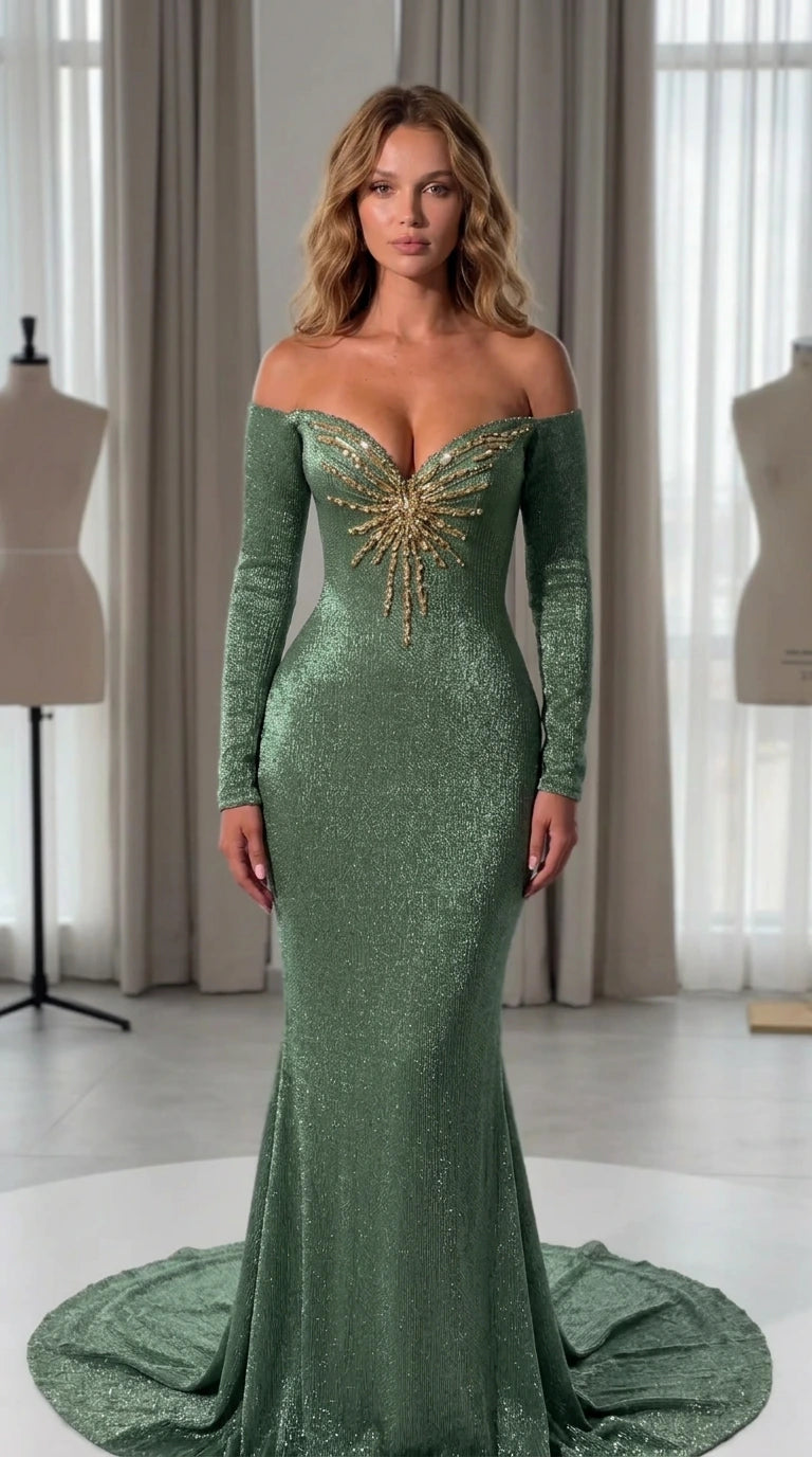 Front view of model wearing emerald green beaded evening gown