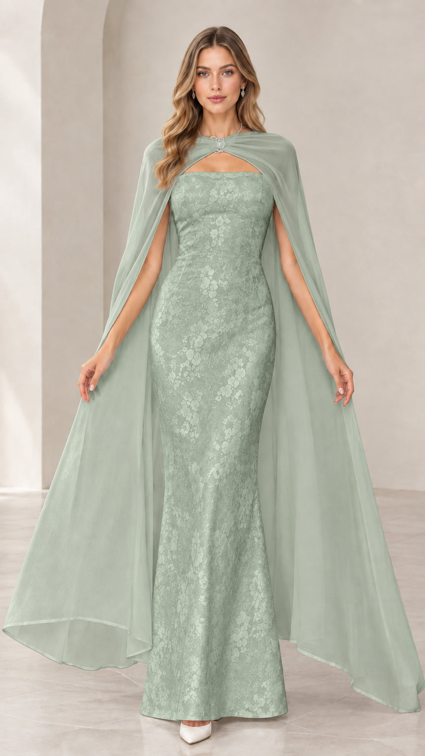 Model wearing sage green strapless lace mermaid gown with sheer sage cape