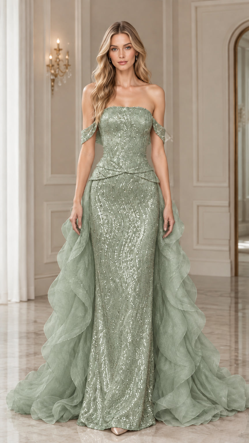 Sage green off-the-shoulder sequined formal dress with cascading organza train