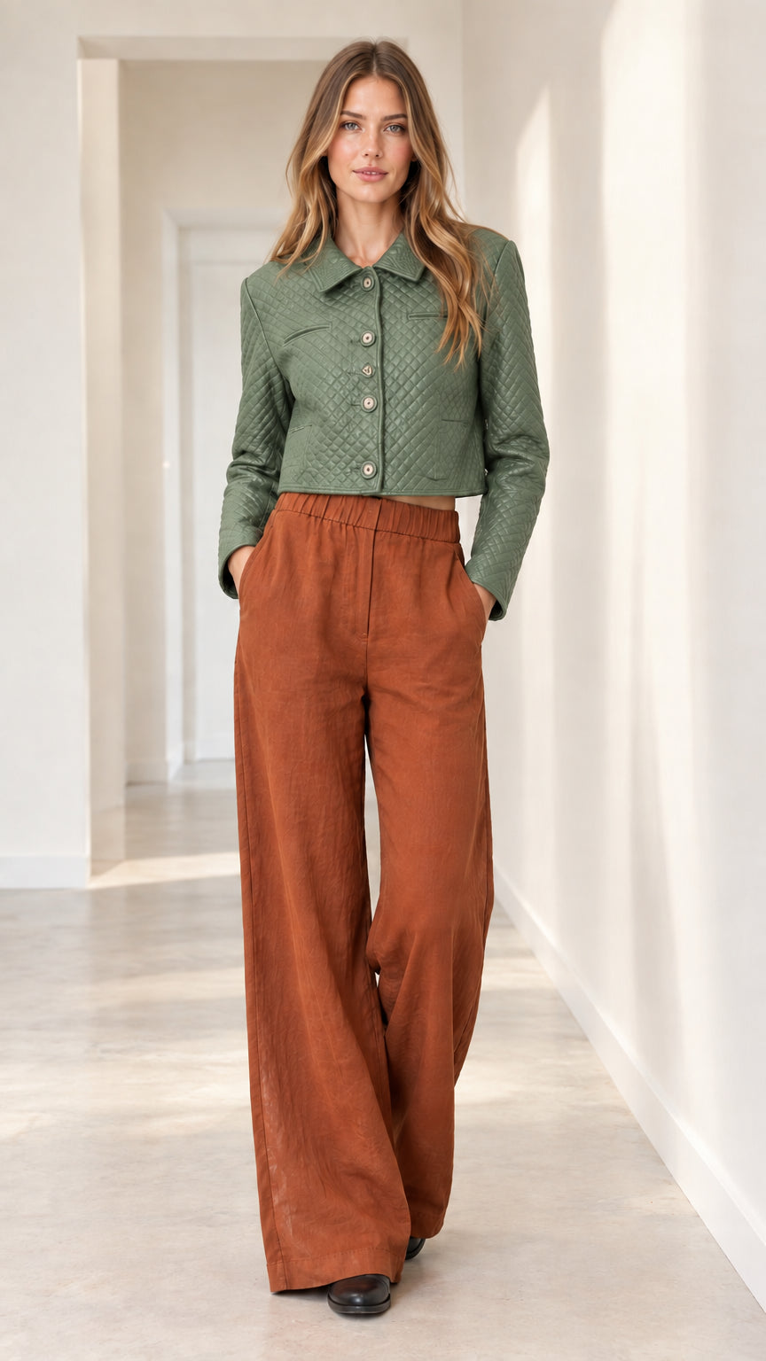Model wearing sage green cropped quilted jacket paired with rust wide-leg trousers