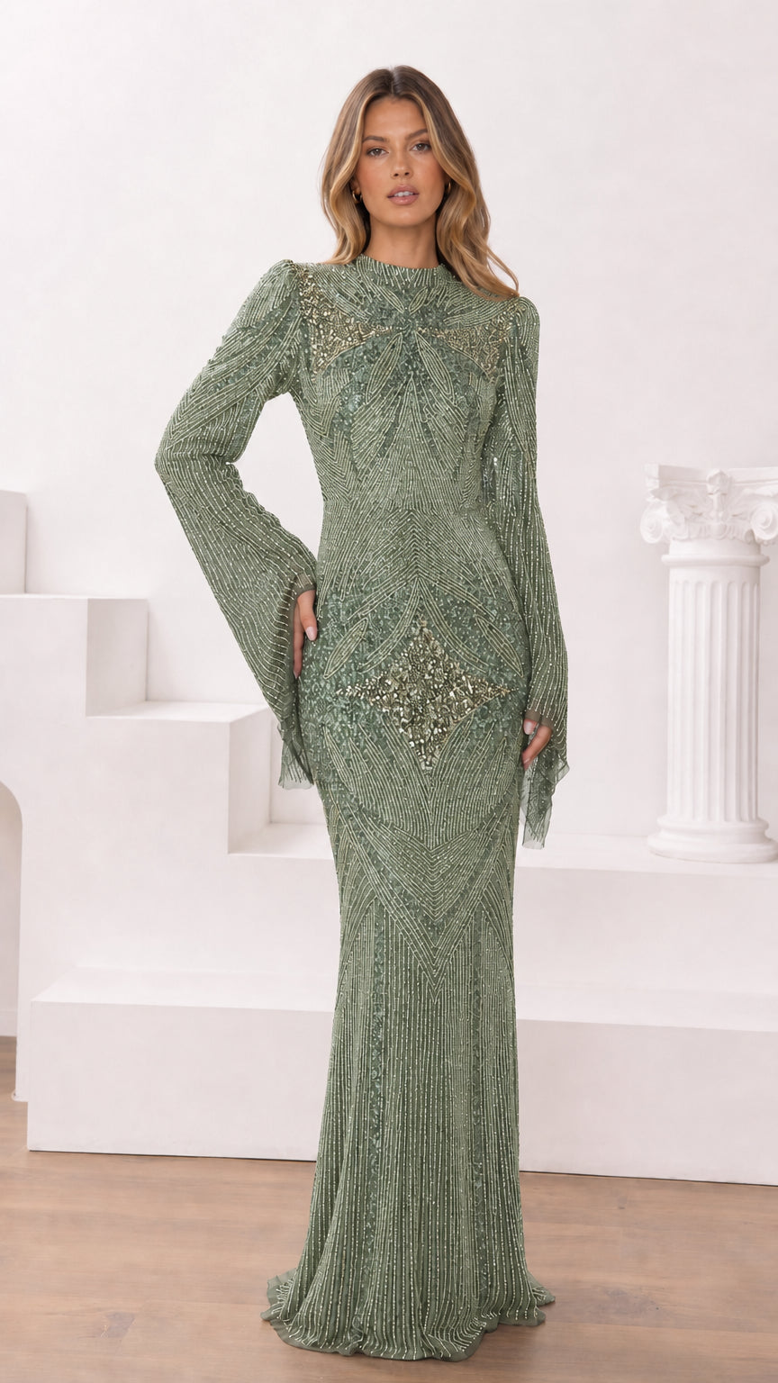 Sage Green embellished high-neck maxi dress with long sleeves