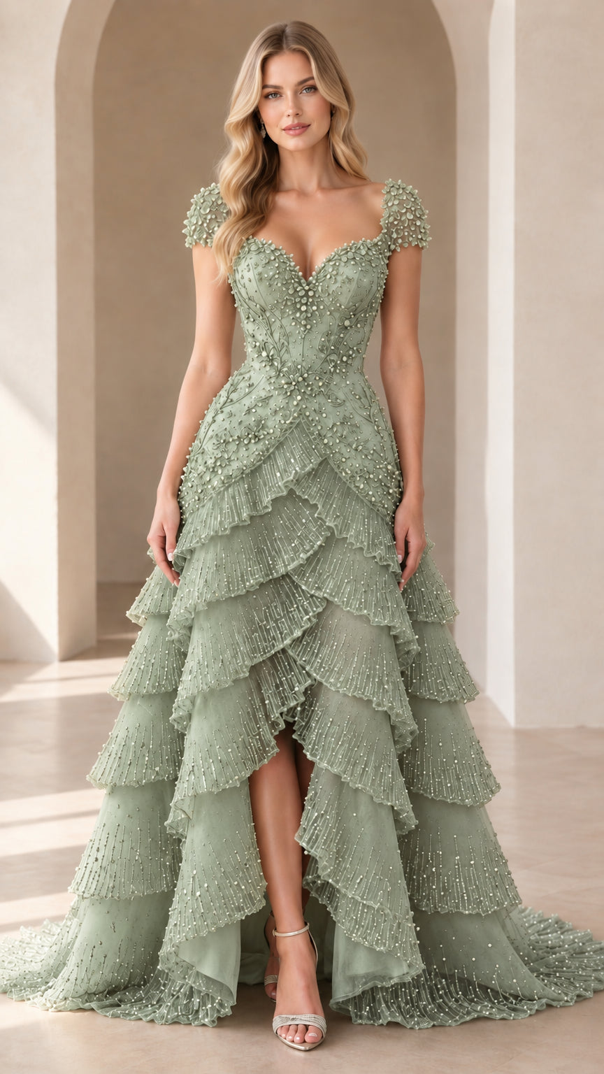 Sage green beaded sweetheart tiered high-low evening gown front view