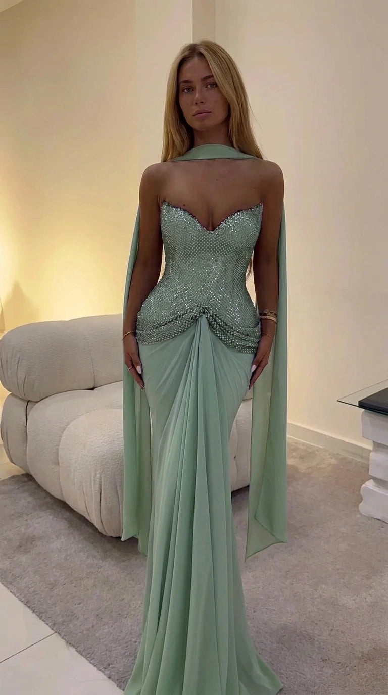 Sage green strapless embellished corset evening gown