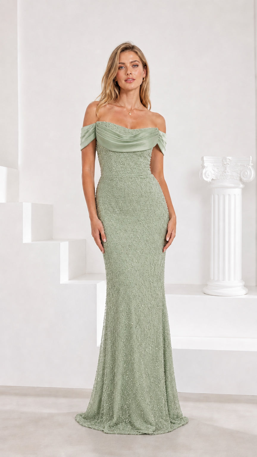 Sage Green off-the-shoulder sequined lace formal maxi gown