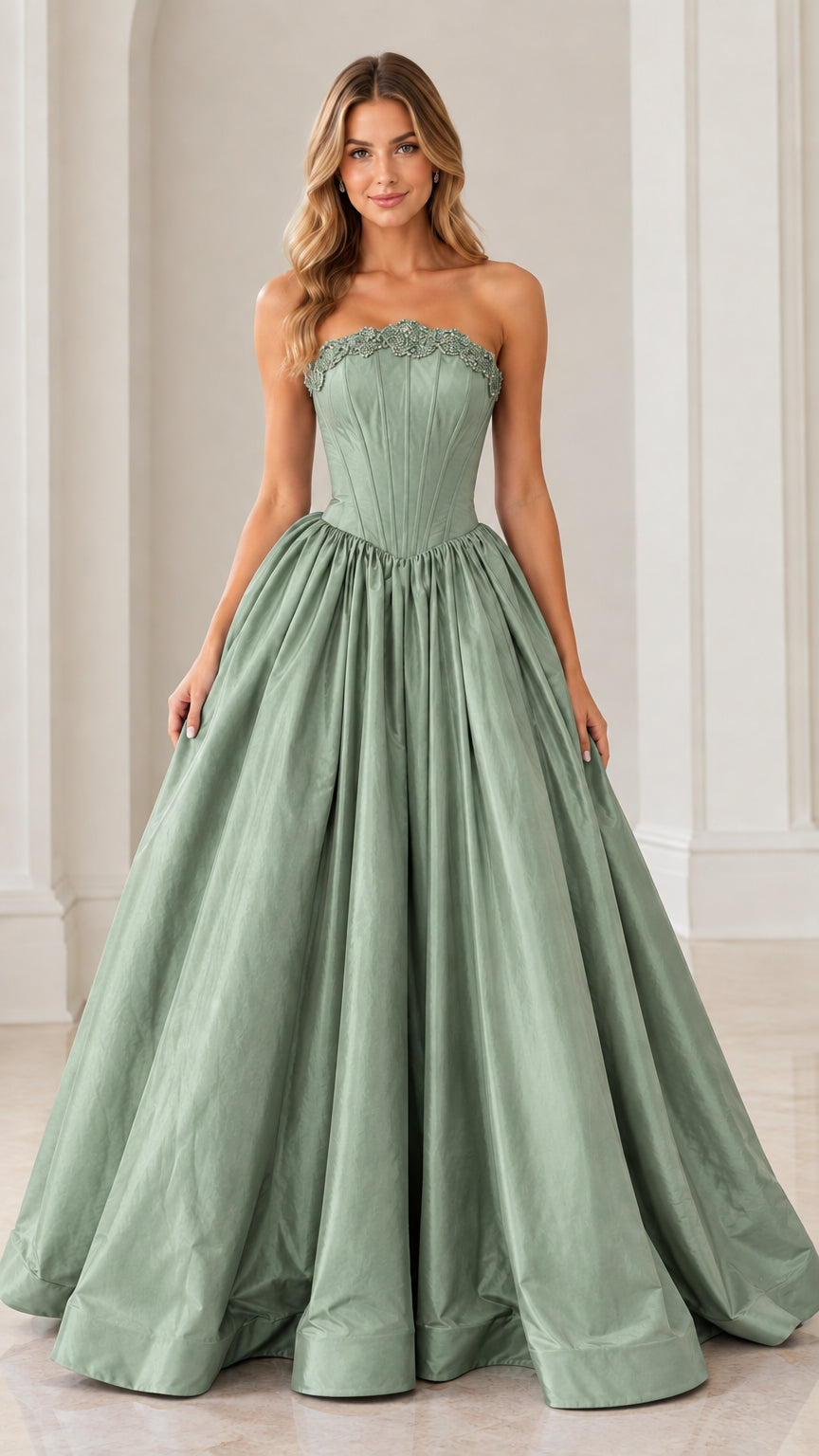 Model wearing sophisticated sage green strapless beaded corset ball gown