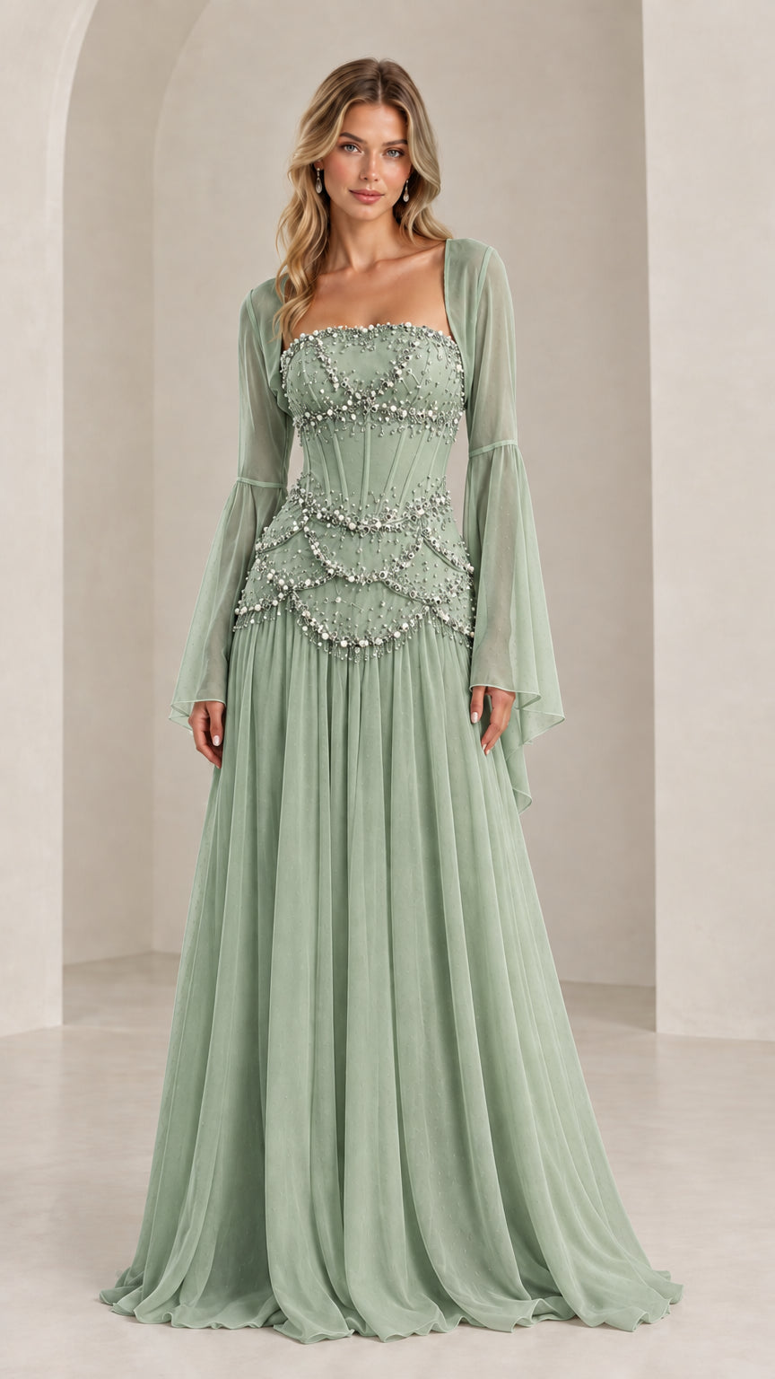 Sage green beaded bustier maxi dress with sheer flared sleeve bolero