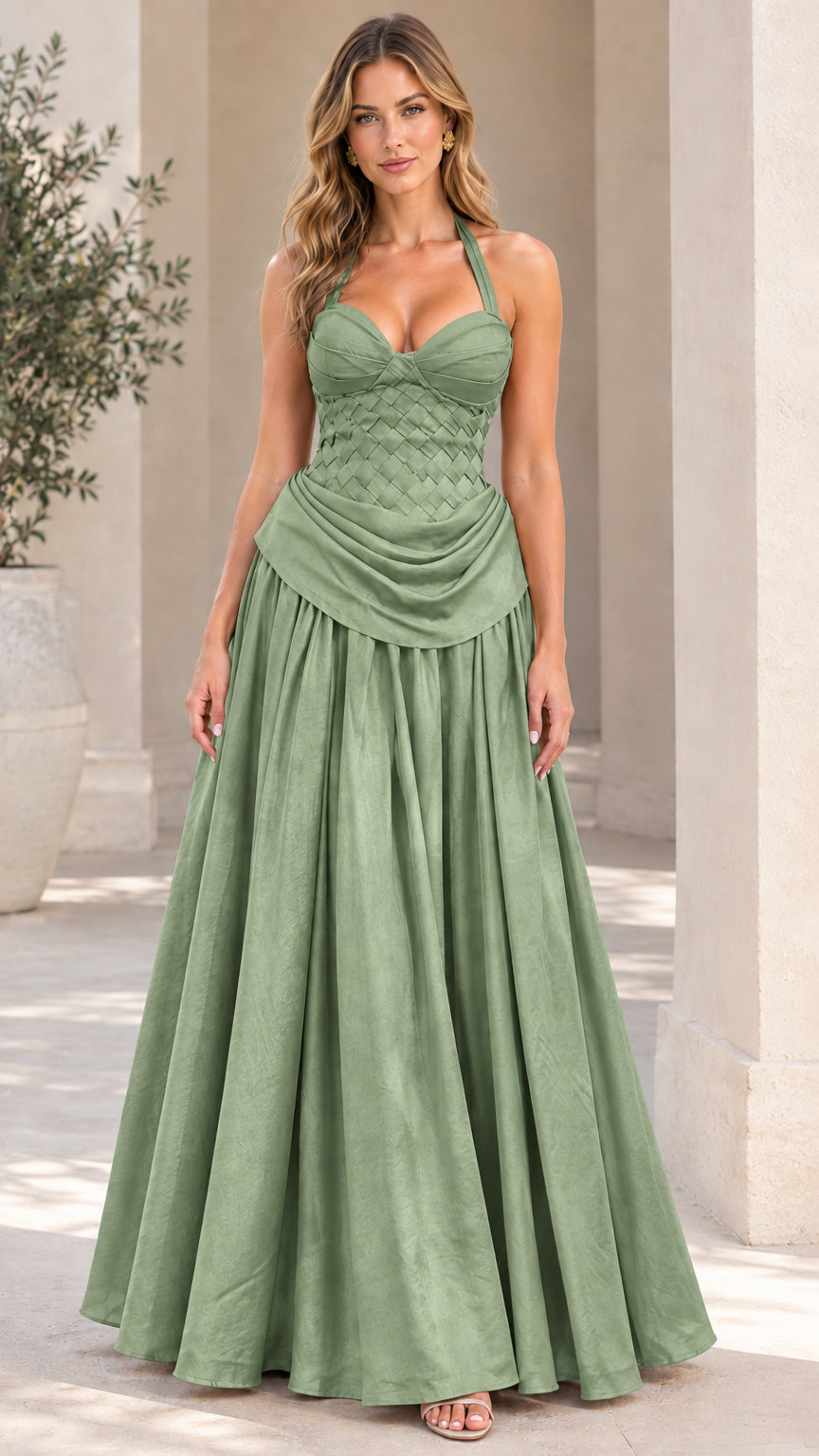 Model wearing the halter neck woven corset evening gown in sophisticated sage green