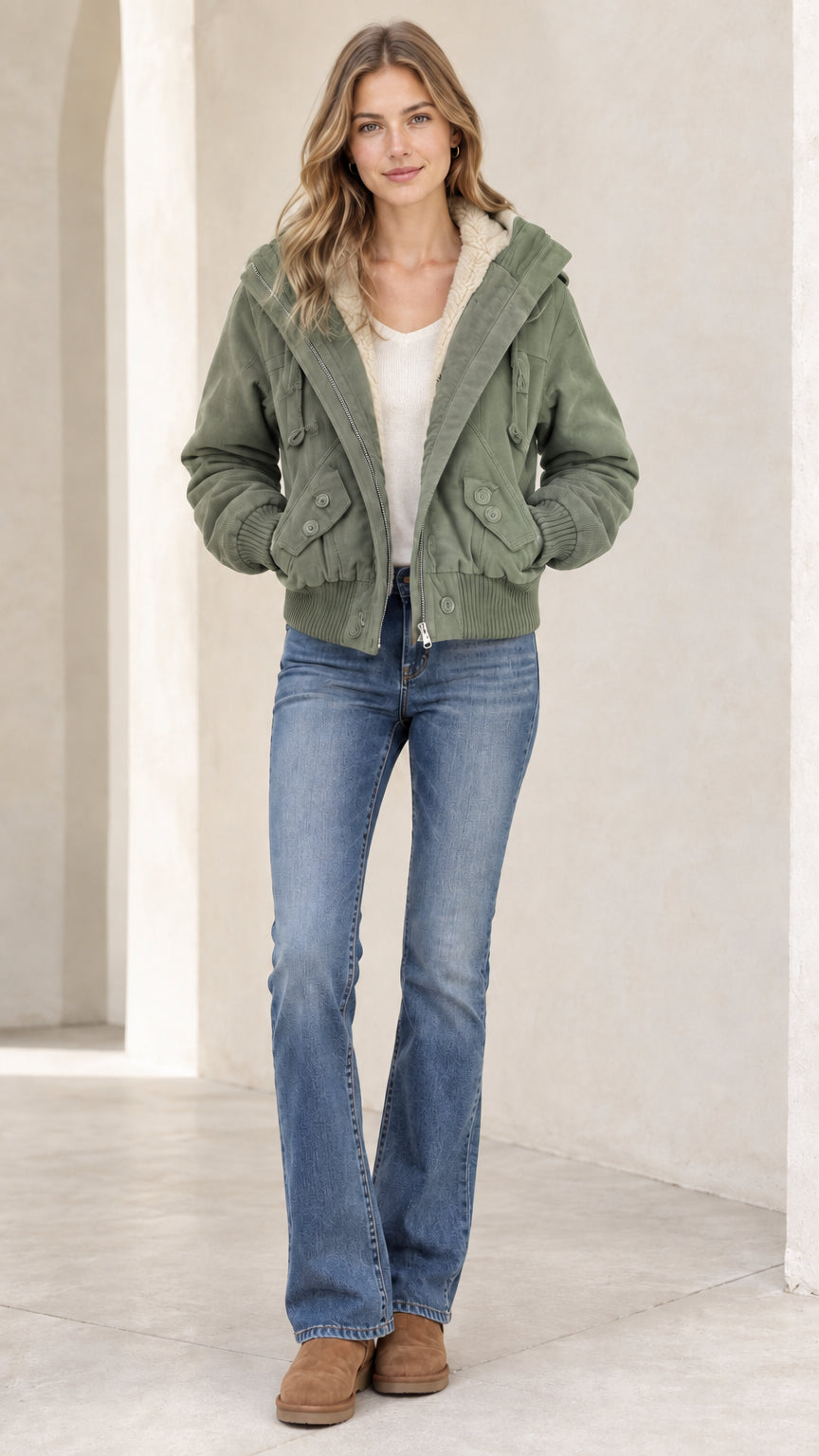 Front view of woman wearing a sage green fleece-lined hooded bomber jacket