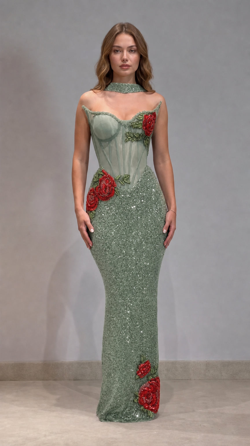 Sage green corset sequin mermaid formal dress with red floral detailing