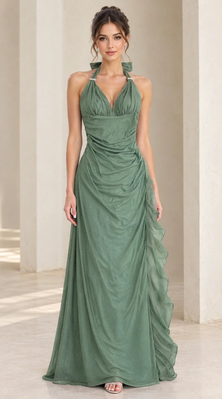 Front view of model wearing sage green halter shimmer evening gown